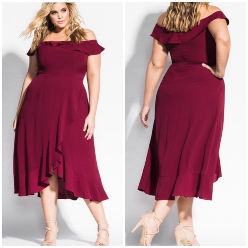 City Chic Wrap Ruffle Midi Dress Merlot Size M/18